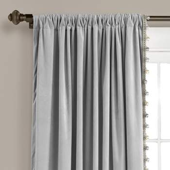 Luxury Vintage Velvet With Silky Pompom Trim Window Curtain Panel Gray Single 52X84