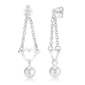 Bella Silver Sterling Silver, Heart w/Bead Charm, Chain Design Earrings - Silver - 1 of 2