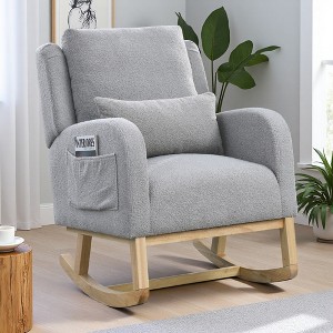 Fabric High Back Rocking Armchair with Lumbar Pillow and Side Pockets - 1 of 4