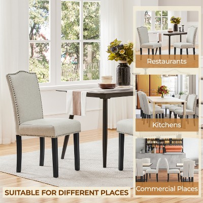Beige Upholstered Dining Chairs with Nailhead Trim, Set of 2