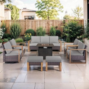 Gymojoy 6/8PCS 50000 BTU Gas Firepit Table with Outdoor 3-Seat Sofa Swivel Chair Ottoman Set - 1 of 4