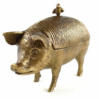 Slickblue Aluminum Pig Storage Box with Bird Accent, Decorative Home Storage, Antiqued Brass Finish, 10.5 Inch