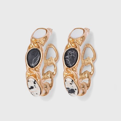 Black Howlite and Dalmatian Jasper Semi-Precious Curb Chain Hoop Earrings - Universal Thread™