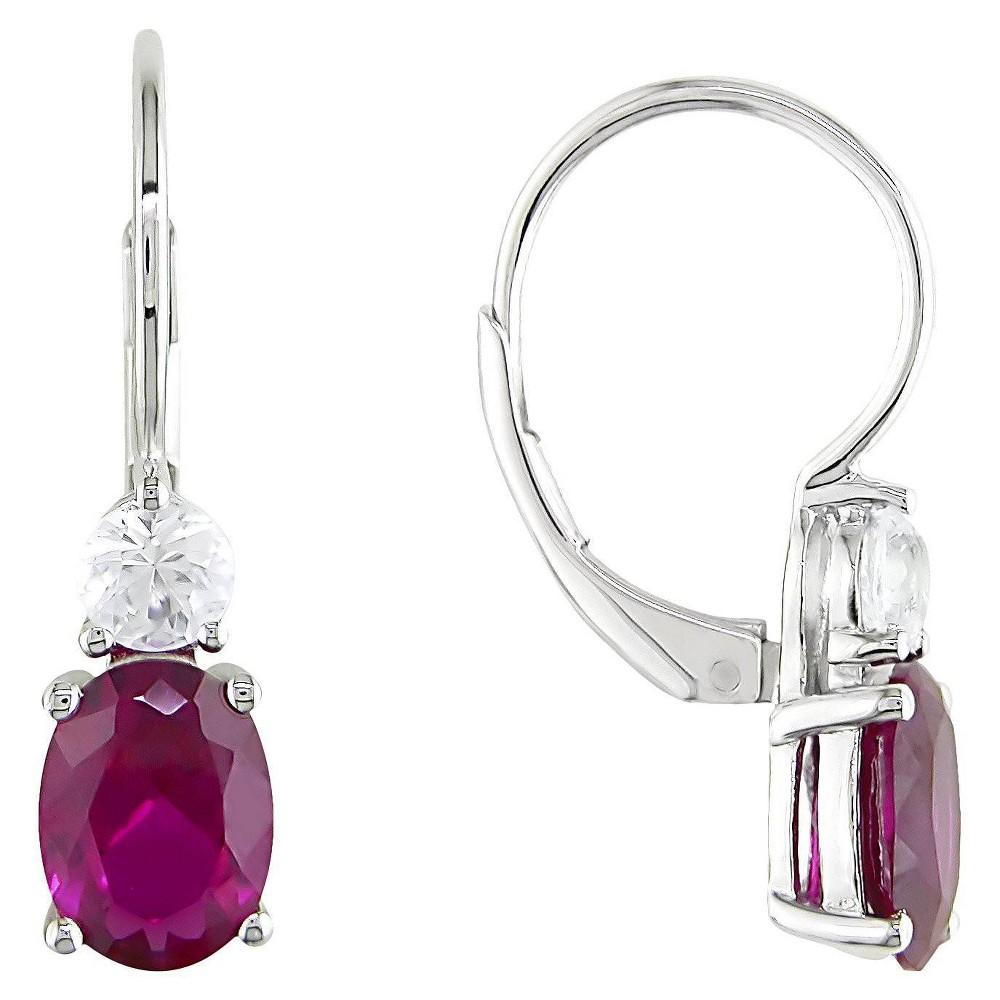 Photos - Earrings Created Ruby and Created White Sapphire Leverback Drop  in Sterlin
