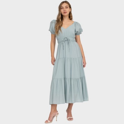 August Sky Women's V-Neck Mock Waist Ties Tiered Midi Dress
