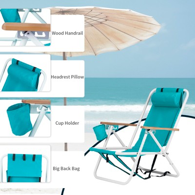 DOMETOUR Folding Beach Chair Set of 2 for Adults, 4 Position Portable Backpack Foldable Camping Chair with Headrest Cup Holder and Wooden Armrests