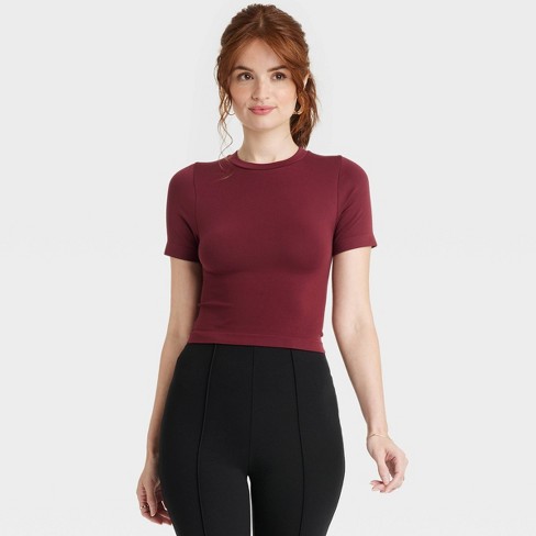 Women's Slim Fit Short Sleeve Baby T-shirt - A New Day™ Burgundy Xl : Target