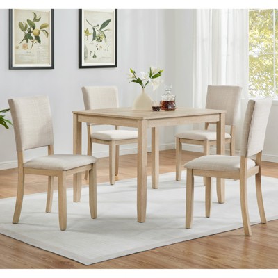 Aukfa 5-Piece Wood Dining Table Set for 4 - Modern Kitchen & Dining Room Table with 4 Beige Upholstered Chairs