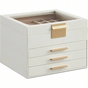 Jewelry Box Organizer, 4 - Layer, 3 Drawers, Glass Lid, Modern, 8x9.1x6.5 Inches, Cloud White Gold - 1 of 4