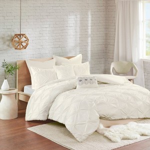 Stella Full/Queen 7pc Elastic Embroidered Chambray Duvet Cover Set Ivory
