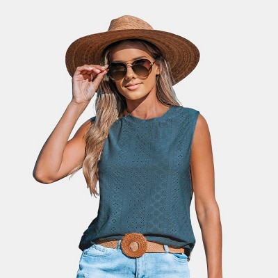 Women's Aqua High-Neck Sleeveless Eyelet Tank - Cupshe