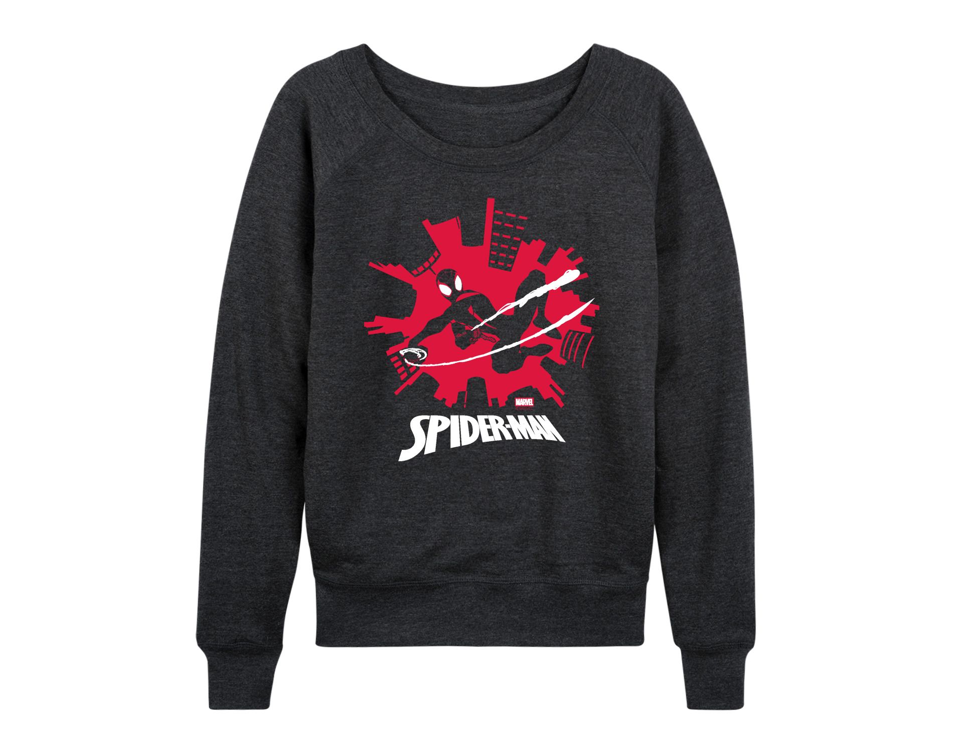 Women's Marvel Spider-Man Miles Skyline Lightweight French Terry Wide Neck Long Sleeve Graphic Shirt - Heather Charcoal - 2 X-Large