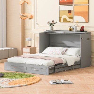 Full/Queen Size Murphy Bed Wall Bed with Drawers, Outlets and USB Ports, Pulley Structure Design, White/Gray-ModernLuxe