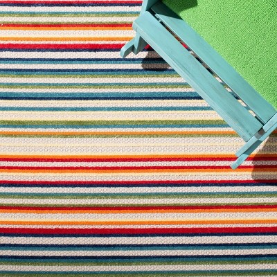 Ivory and Green Striped Synthetic 9' x 12' Indoor/Outdoor Area Rug