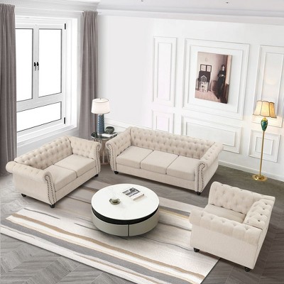 3-Piece Chesterfield Sofa Loveseat Armchair Set Luxury Living Room Couch Button Tufted Chenille Beige - Morden Fort