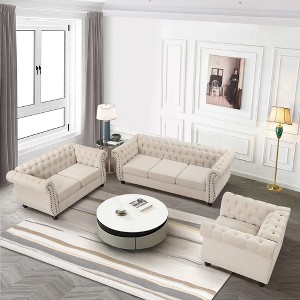 3-Piece Chesterfield Sofa Loveseat Armchair Set Luxury Living Room Couch Button Tufted Chenille Beige - Morden Fort - 1 of 4