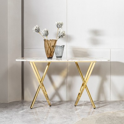 Marble Pattern Top Stainless Steel Console Table with Gold Frame and Adjustable Feet, Modern Rectangle Entryway Table