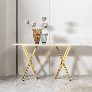 Marble Pattern Top Stainless Steel Console Table with Gold Frame and Adjustable Feet, Modern Rectangle Entryway Table - 1 of 4