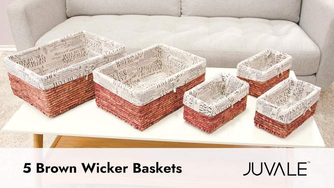 Juvale 5-Pack Rectangle Wicker Storage Baskets for Organizing Shelves, Bathroom and Laundry - 3 Sizes Small Woven Set, 2 of 11, play video