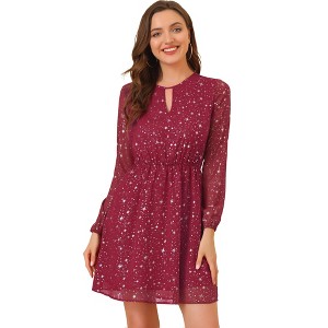 INSPIRE CHIC Women's Choker V Neck Vintage Flared Gilding Metallic Shiny Star A-Line Dress - 1 of 4