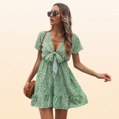 EadianDree Womens Deep V Neck Tie Front Cutout Smocked Waist Floral Mini Summer Dress Ruffle Hem Short Sleeve Beach Vacation Sundress,Light Green-XL