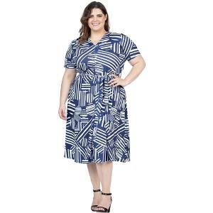 24seven Comfort Apparel Plus Size Navy and White Short Sleeve Tie Waist Midi Dress - 1 of 4