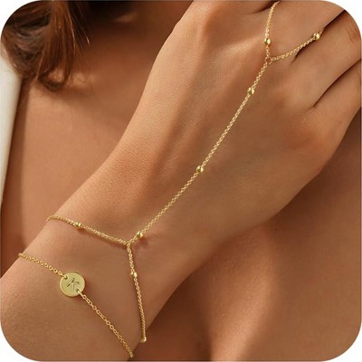Turandoss 2PCS Initial Hand Chain Bracelet for Women Trendy - 18K Gold Layered Disc Letter Chains, Finger Rings Charm Bracelet Stack, Christmas Gifts