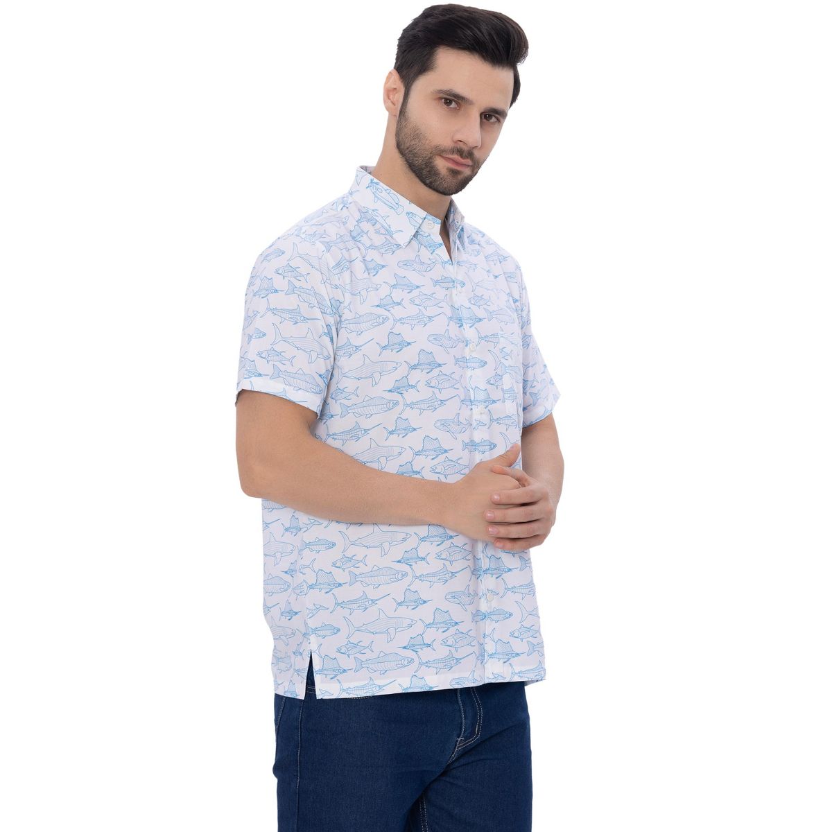 HAPPY BAY Mens Short Sleeve Button Down Casual Beach Shirt XXL Saltwater Fish Blue White - thumbnail 4