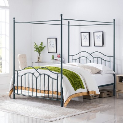 JUJABU Queen Size Metal Canopy Bed Frame with Sturdy 4-Post, No Box Spring Needed