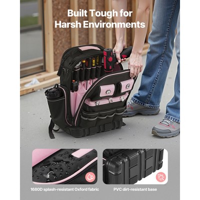 VEVOR Tool Backpack, 56 Pockets, Heavy-duty Tools Storage Organizer Work Bags with Laptop Compartment & Molded Base, Black+Pink — фото 4