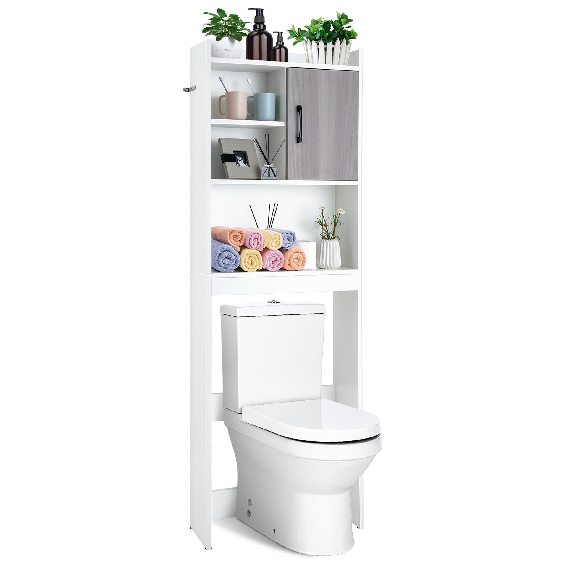Costway Over The Toilet Storage Cabinet Bathroom Space Saver w/ Open Shelves & Door