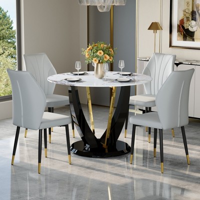 5-Piece Dining Table Set Dining Set with Round Faux Marble Dining Table and 4 PU Upholstered Chairs with Widened Backrest, Black+White/Gray-ModernLuxe