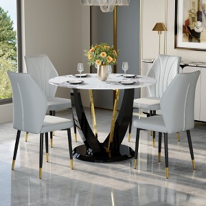 5-Piece Dining Table Set Dining Set with Round Faux Marble Dining Table and 4 PU Upholstered Chairs with Widened Backrest, Black+White/Gray-ModernLuxe - 1 of 4