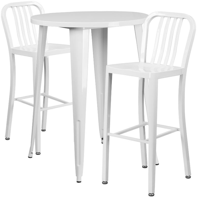 Flash Furniture Commercial Grade 30" Round Metal Indoor-Outdoor Bar Table Set with 2 Vertical Slat Back Stools, 1 of 5