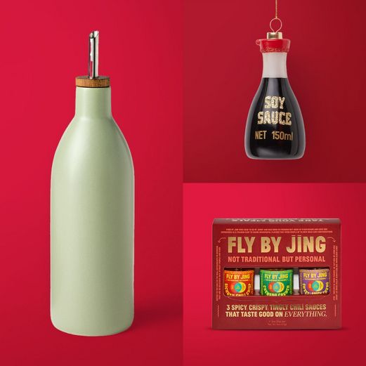 Ceramic oil bottle, soy sauce ornament and Fly by Jing spicy chili sauces.