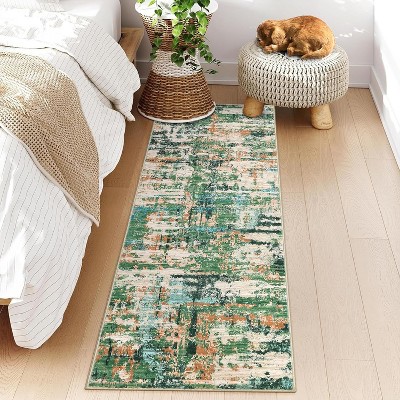 2x6 Green Modern Abstract Runner Rug, Washable Low-Pile Non-Slip Throw Carpet, Non-Shedding Floor Cover for Kitchen, Hallway, Laundry, Indoor Carpet