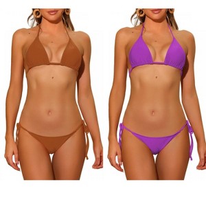 INSPIRE CHIC Women's Halter Tie Side Low Waist Triangle Bottom Basic Bikini Sets 2 Sets - 1 of 4