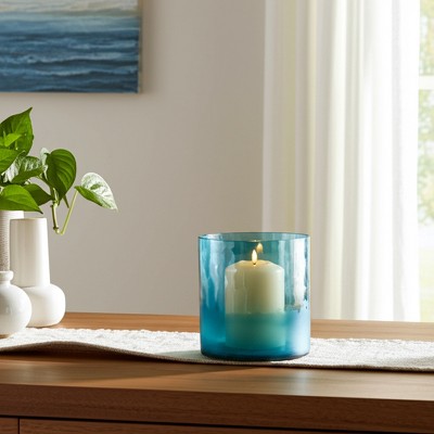 Glass Candle Holder - Handcrafted Pillar & Taper Candle Holder - Casual Home Decor Accent for Living Room, Bedroom & Office - 7" Blue