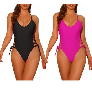 Elerevyo Women's Lace Up Criss Cross Plunge Monokini Side Tie Strappy Swimwear Bathing Suits 2 Sets - 1 of 4