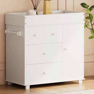 Wooden Diaper Changing Table,Baby Diaper Changing Station with Drawers, Safety Rail & Strap,Modern Baby Changing Table for Bedroom, Nursery, White - 1 of 4