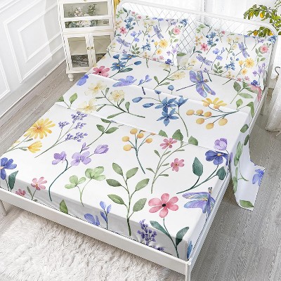 Boersma Colorful Flowers Sheets Set Twin Dragonfly Bedding Set Fresh Floral Flat Sheet Set for Women, 4Pcs Retro Farmhouse Bed Set with 2 Pillowcases