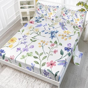 Boersma Colorful Flowers Sheets Set Twin Dragonfly Bedding Set Fresh Floral Flat Sheet Set for Women, 4Pcs Retro Farmhouse Bed Set with 2 Pillowcases - 1 of 4