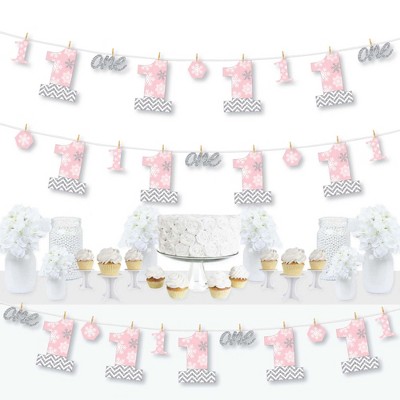 Big Dot of Happiness Pink Onederland - Holiday Snowflake Winter Wonderland First Birthday Party DIY Decorations - Clothespin Garland Banner -44 Pieces