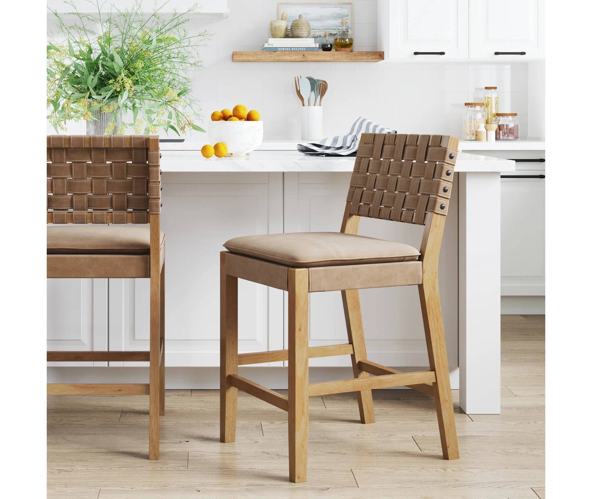 Faux Leather Woven Counter Height Barstool Warm Pine/Brushed Light Brown - Nathan James: Upholstered Seat, Rubberwood Legs