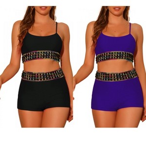 INSPIRE CHIC Women's Contrast Color High Waisted Scoop Neck Swimsuit Bathing Suit 2 Sets - 1 of 4