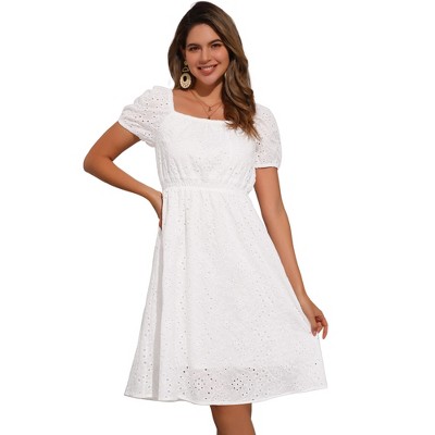 INSPIRE CHIC Women's Summer Square Neck Short Puff Sleeve Elastic Waist Casual A-Line Midi Eyelet Dress