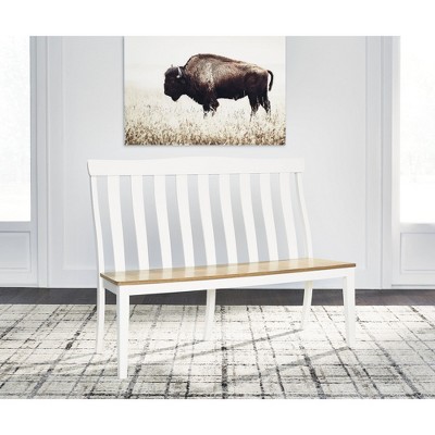 White and Natural Wood Slat-Back Dining Bench