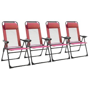Outsunny Set of 4 Folding Patio Chairs, Camping Chairs with Adjustable Sling Back, Removable Headrest, Armrest for Garden, Backyard, Lawn, Red - 1 of 4
