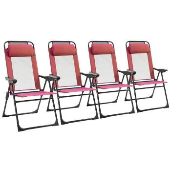 Outsunny Set of 4 Folding Patio Chairs, Camping Chairs with Adjustable Sling Back, Removable Headrest, Armrest for Garden, Backyard, Lawn, Red