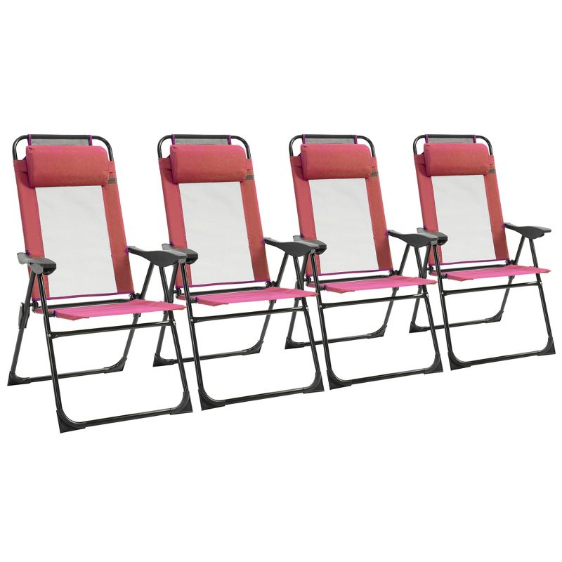 Outsunny Set of 4 Folding Patio Chairs, Camping Chairs with Adjustable Sling Back, Removable Headrest, Armrest for Garden, Backyard, Lawn, Red, 1 of 7